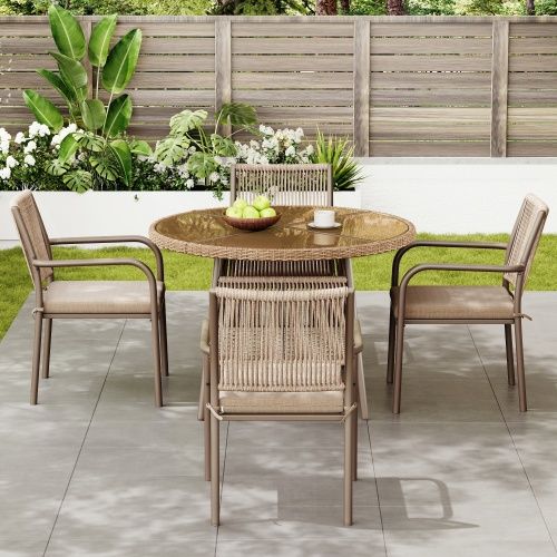 Salon De Jardin 5 Pièces En Rotin Pe, Table Verre Trempé 110 Cm Et 4 Fauteuils Avec Coussins, Marron