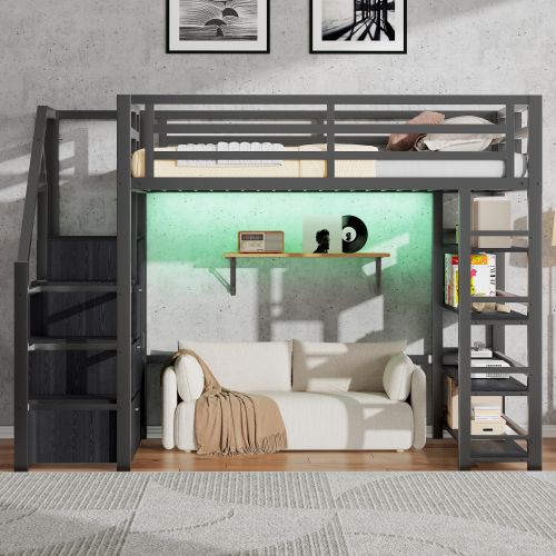 Lit Mezzanine 140x200 Cm En Métal Avec Armoire Et LED, Noir