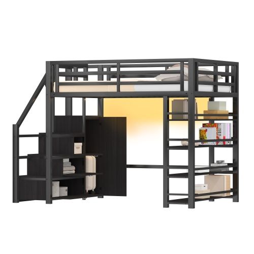 Lit Mezzanine 140x200 Cm En Métal Avec Armoire Et LED, Noir