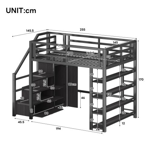 Lit Mezzanine 140x200 Cm En Métal Avec Armoire Et LED, Noir