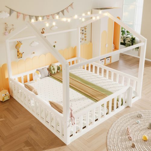 Lit Cabane 90/180x190 Cm, Lit Enfant Avec Barrières Et LED, En Bois, Blanc