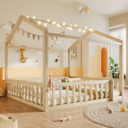 Lit Cabane 90/180x190 Cm, Lit Enfant Avec Barrières Et LED, En Bois, Naturel