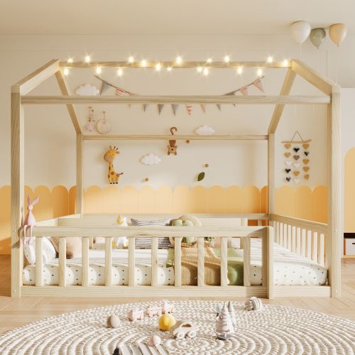 Lit Cabane 90/180x190 Cm, Lit Enfant Avec Barrières Et LED, En Bois, Naturel