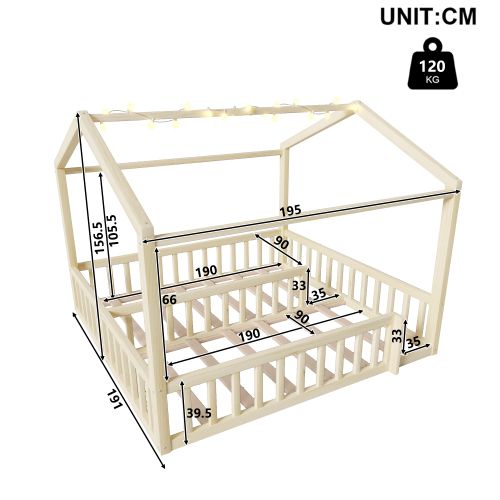Lit Cabane 90/180x190 Cm, Lit Enfant Avec Barrières Et LED, En Bois, Naturel