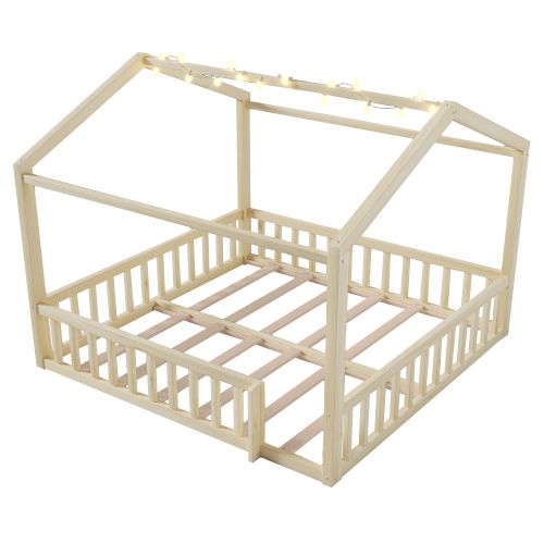 Lit Cabane 90/180x190 Cm, Lit Enfant Avec Barrières Et LED, En Bois, Naturel