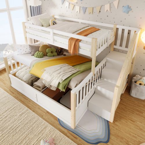 Lit Superposé 90x200 Cm Et 140x200 Cm Avec Escalier Rangement, Blanc Et Naturel