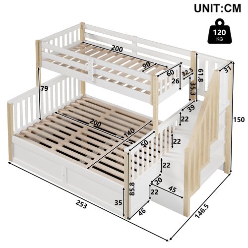 Lit Superposé 90x200 Cm Et 140x200 Cm Avec Escalier Rangement, Blanc Et Naturel