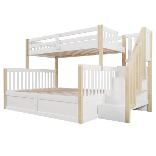 Lit Superposé 90x200 Cm Et 140x200 Cm Avec Escalier Rangement, Blanc Et Naturel
