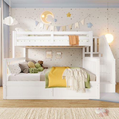 Lit Superposé 90x200 Cm Et 140x200 Cm, Coffre Hydraulique Et Escalier Rangement, En Bois, Blanc