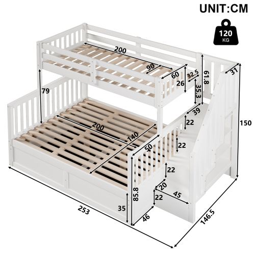 Lit Superposé 90x200 Cm Et 140x200 Cm, Coffre Hydraulique Et Escalier Rangement, En Bois, Blanc