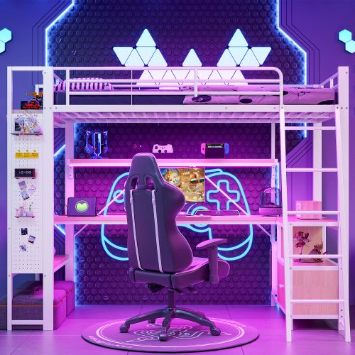 Lit Mezzanine 90x200 Cm, Avec LED Et Bureau, Avec Ports USB Et Type-c, En Métal, Blanc