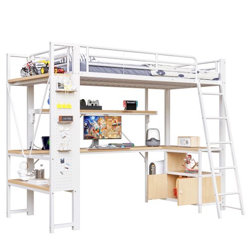 Lit Mezzanine 90x200 Cm, Avec LED Et Bureau, Avec Ports USB Et Type-c, En Métal, Blanc