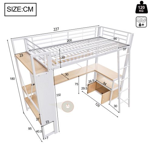 Lit Mezzanine 90x200 Cm, Avec LED Et Bureau, Avec Ports USB Et Type-c, En Métal, Blanc