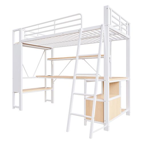 Lit Mezzanine 90x200 Cm, Avec LED Et Bureau, Avec Ports USB Et Type-c, En Métal, Blanc