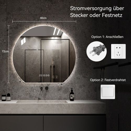 Miroir De Salle De Bain Rond 80 Cm Avec Éclairage LED, Anti-buée Et Intensité Réglable