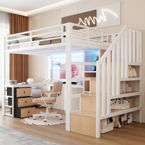 Lit Mezzanine 90x200 Cm, Avec Bureau Et 4 Tiroirs, Avec LED, En Métal, Blanc