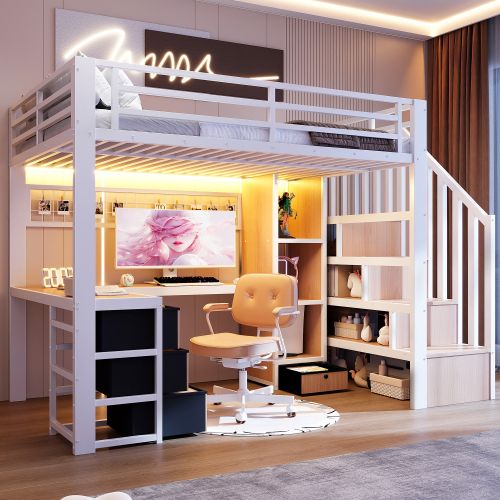 Lit Mezzanine 90x200 Cm, Avec Bureau Et 4 Tiroirs, Avec LED, En Métal, Blanc