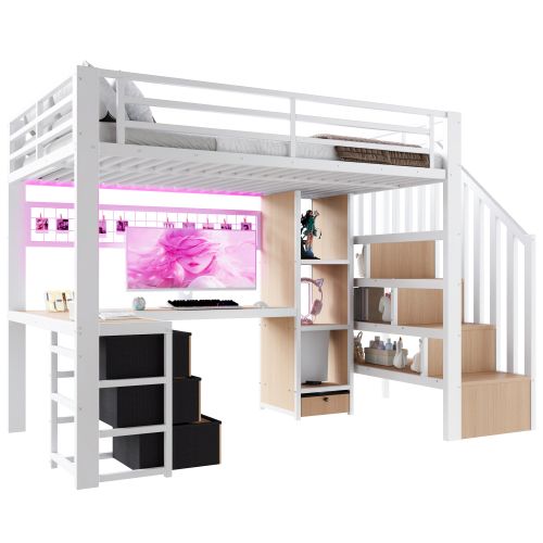 Lit Mezzanine 90x200 Cm, Avec Bureau Et 4 Tiroirs, Avec LED, En Métal, Blanc