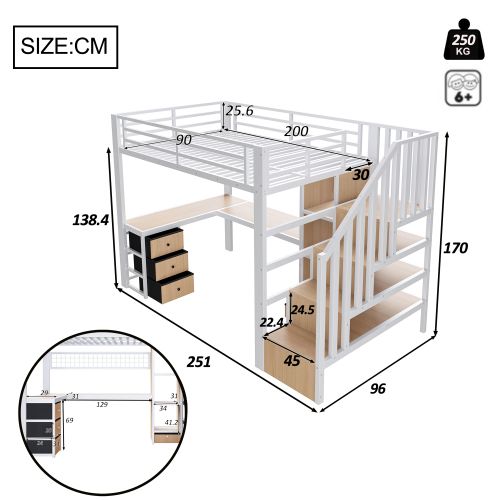 Lit Mezzanine 90x200 Cm, Avec Bureau Et 4 Tiroirs, Avec LED, En Métal, Blanc