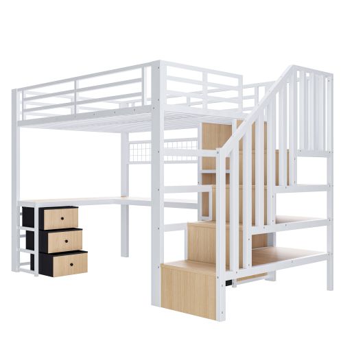 Lit Mezzanine 90x200 Cm, Avec Bureau Et 4 Tiroirs, Avec LED, En Métal, Blanc