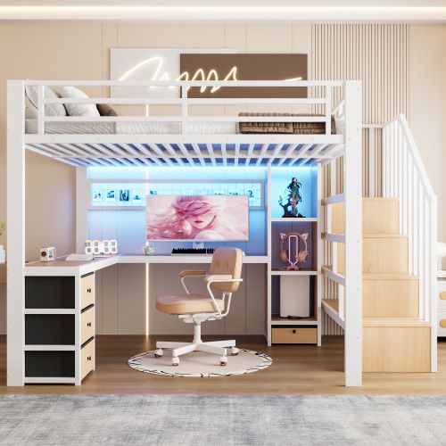 Lit Mezzanine 140x200 Cm, Avec Bureau Et 4 Tiroirs, En Métal, Blanc