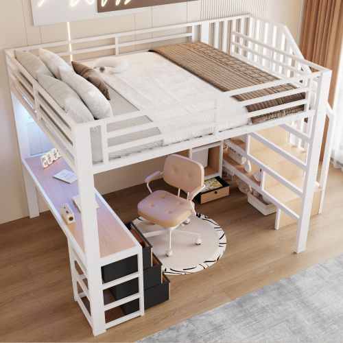 Lit Mezzanine 140x200 Cm, Avec Bureau Et 4 Tiroirs, En Métal, Blanc