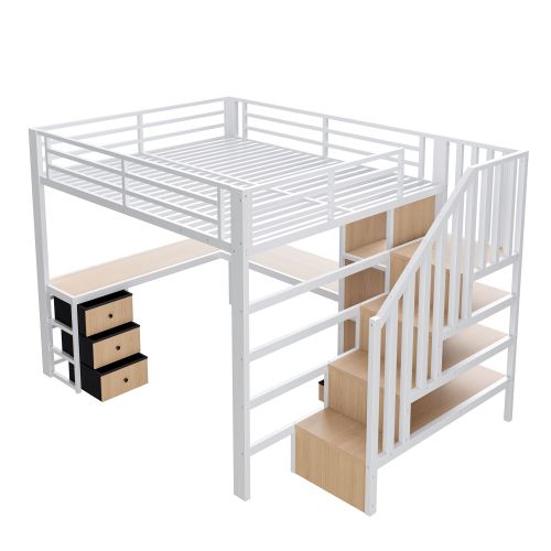 Lit Mezzanine 140x200 Cm, Avec Bureau Et 4 Tiroirs, En Métal, Blanc