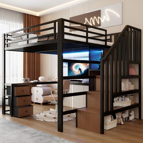 Lit Mezzanine 140x200 Cm, Avec LED, Bureau Et Rangements, En Métal, Noir