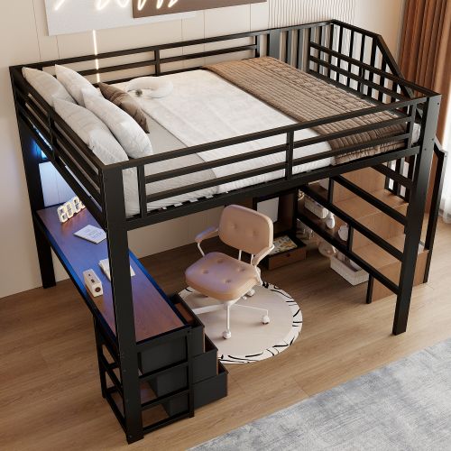 Lit Mezzanine 140x200 Cm, Avec LED, Bureau Et Rangements, En Métal, Noir