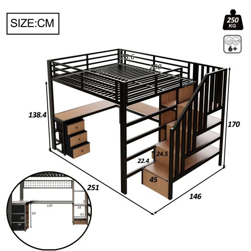 Lit Mezzanine 140x200 Cm, Avec LED, Bureau Et Rangements, En Métal, Noir