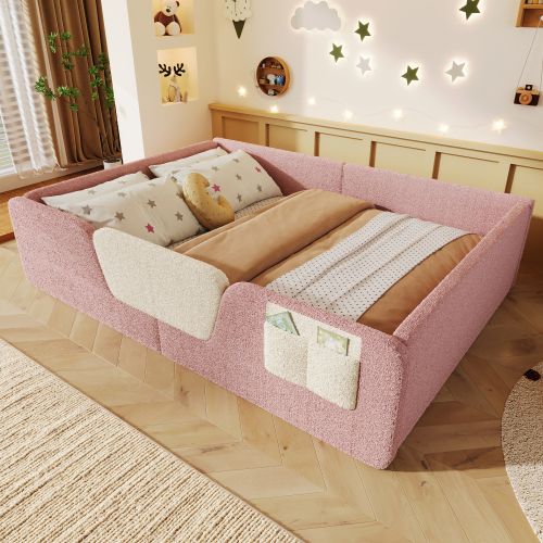 Lit Enfant 140x190 Cm, Avec Barrières Amovibles Et Poche De Rangement, En Velours, Rose