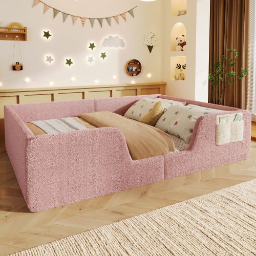 Lit Enfant 140x190 Cm, Avec Barrières Amovibles Et Poche De Rangement, En Velours, Rose