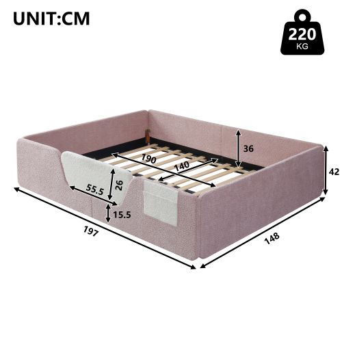 Lit Enfant 140x190 Cm, Avec Barrières Amovibles Et Poche De Rangement, En Velours, Rose