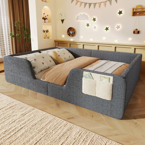 Lit Enfant 140x190 Cm, Avec Barrières Amovibles, En Velours, Gris