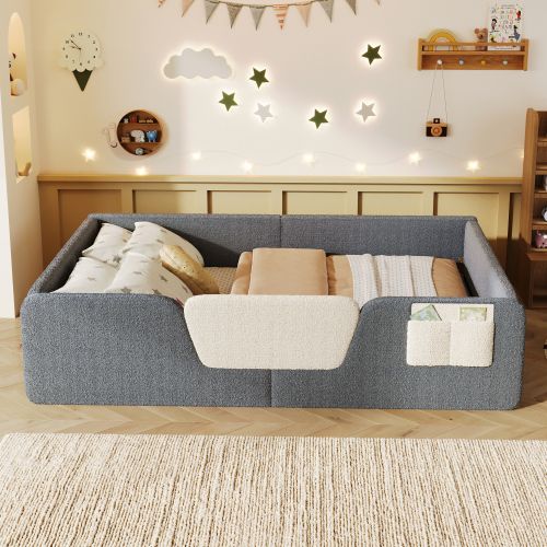 Lit Enfant 140x190 Cm, Avec Barrières Amovibles, En Velours, Gris