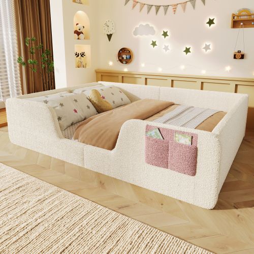Lit Enfant 140x190 Cm, Avec Barrières Amovibles, En Velours, Beige