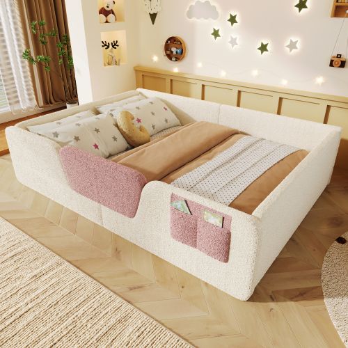 Lit Enfant 140x190 Cm, Avec Barrières Amovibles, En Velours, Beige