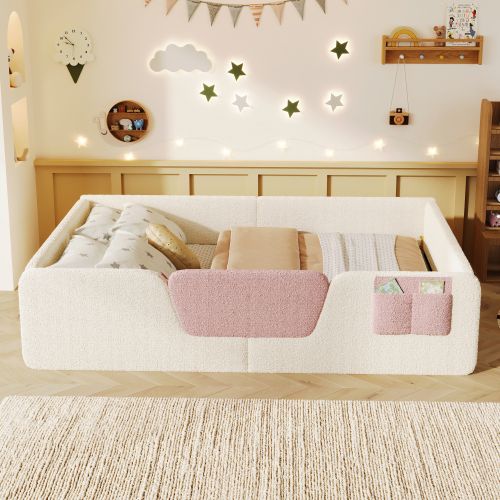 Lit Enfant 140x190 Cm, Avec Barrières Amovibles, En Velours, Beige