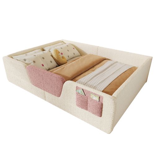Lit Enfant 140x190 Cm, Avec Barrières Amovibles, En Velours, Beige