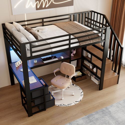 Lit Mezzanine 90x200 Cm, Avec Bureau, LED Et 4 Tiroirs, En Métal, Noir