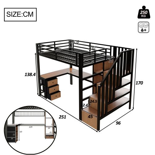 Lit Mezzanine 90x200 Cm, Avec Bureau, LED Et 4 Tiroirs, En Métal, Noir