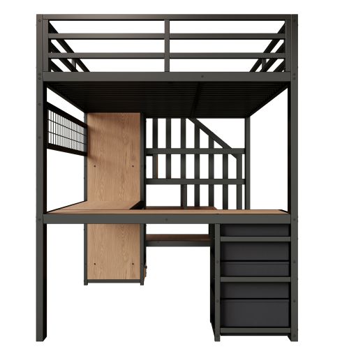 Lit Mezzanine 90x200 Cm, Avec Bureau, LED Et 4 Tiroirs, En Métal, Noir