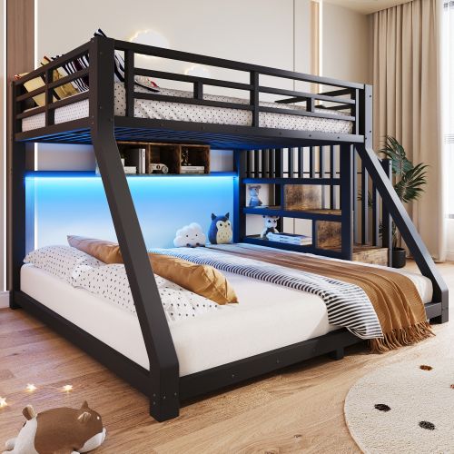 Lit Superposé 90x200 Cm Et 140x200 Cm, Avec LED Et Rangements, En Métal, Noir