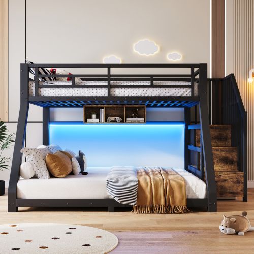 Lit Superposé 90x200 Cm Et 140x200 Cm, Avec LED Et Rangements, En Métal, Noir