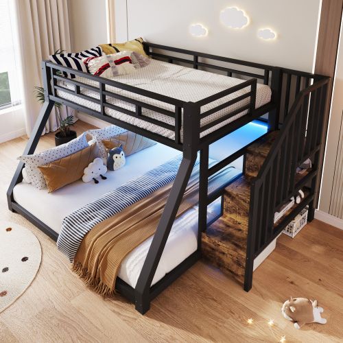 Lit Superposé 90x200 Cm Et 140x200 Cm, Avec LED Et Rangements, En Métal, Noir