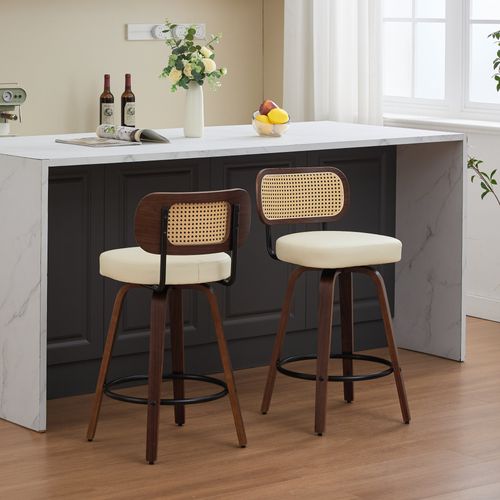 Lot De 2 Tabourets De Bar Pivotants, Dossier Cannage, Assise En Pu, Beige