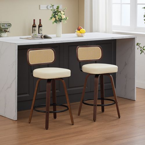 Lot De 2 Tabourets De Bar Pivotants, Dossier Cannage, Assise En Pu, Beige