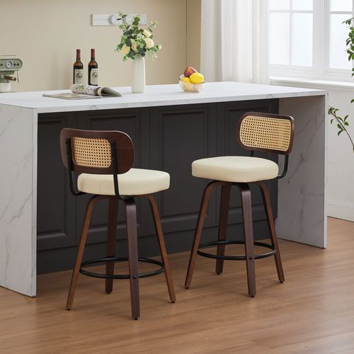 Lot De 2 Tabourets De Bar Pivotants, Dossier Cannage, Assise En Pu, Beige
