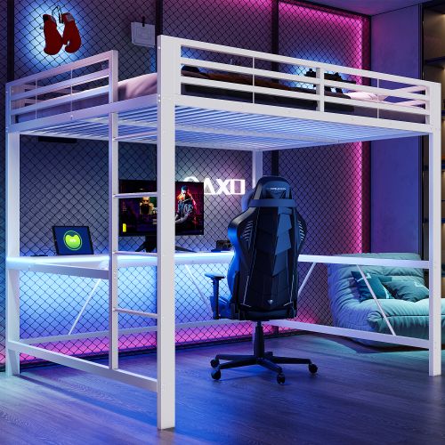 Lit Mezzanine 160x200 Cm Avec Bureau Et LED, Avec Ports USB Et Type-c, En Métal, Blanc