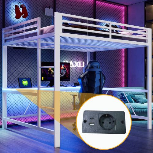 Lit Mezzanine 160x200 Cm Avec Bureau Et LED, Avec Ports USB Et Type-c, En Métal, Blanc